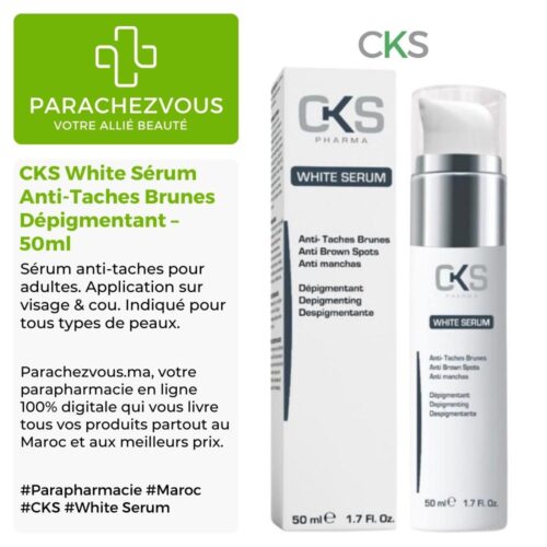 Produit de la marque CKS White Sérum Anti-Taches Brunes Dépigmentant - 50ml sur un fond blanc, vert et gris avec un logo Parachezvous et celui de la marque CKS ainsi qu'une description qui détail les informations du produit