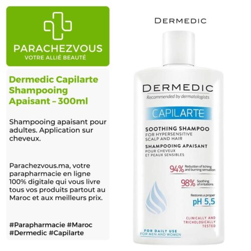 Produit de la marque Dermedic Capilarte Shampooing Apaisant - 300ml sur un fond blanc, vert et gris avec un logo Parachezvous et celui de la marque Dermedic ainsi qu'une description qui détail les informations du produit