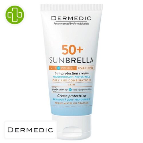 Produit de la marque Dermedic Sunbrella Crème Solaire Peaux Mixtes, Grasses & Acnéiques Spf50 - 50ml sur un fond blanc avec un logo Parachezvous et celui de de la marque Dermedic
