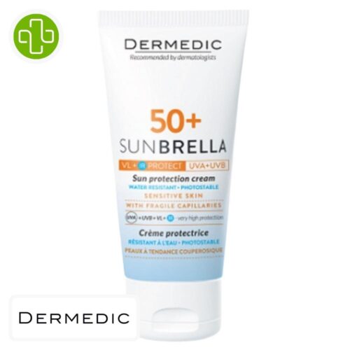 Produit de la marque Dermedic Sunbrella Crème Solaire Peaux Sensibles & Couperosiques Spf50 - 50ml sur un fond blanc avec un logo Parachezvous et celui de de la marque Dermedic