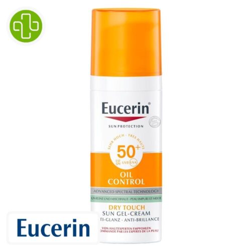 Produit de la marque Eucerin Sun Protection Oil Control Gel-Crème Solaire Toucher Sec Spf50 - 50ml sur un fond blanc avec un logo Parachezvous et celui de de la marque Eucerin