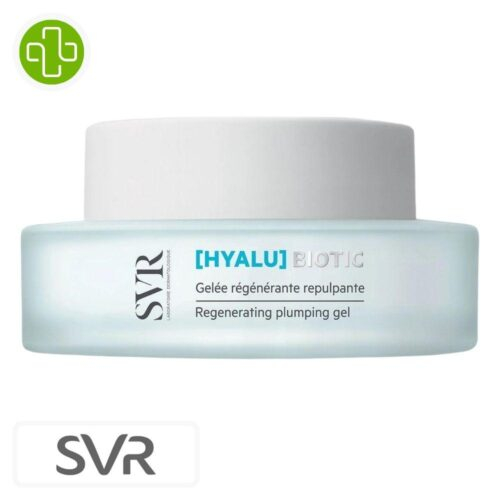 Produit de la marque SVR [Hyalu] Biotic Gelée Régénérante Repulpante - 50ml sur un fond blanc avec un logo Parachezvous et celui de de la marque SVR