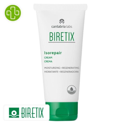 Produit de la marque Biretix Isorepair Crème Hydratante Régénérante - 50ml sur un fond blanc avec un logo Parachezvous et celui de de la marque Biretix