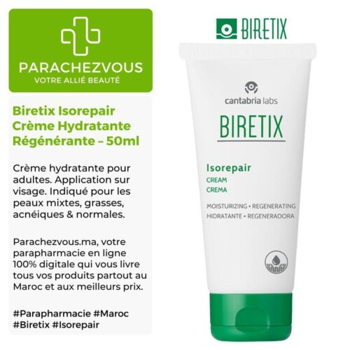 Produit de la marque Biretix Isorepair Crème Hydratante Régénérante - 50ml sur un fond blanc, vert et gris avec un logo Parachezvous et celui de la marque Biretix ainsi qu'une description qui détail les informations du produit