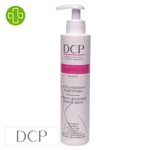 Produit de la marque DCP Depi-Plus Intimate Lait Éclaircissant Intime – 200ml sur un fond blanc avec un logo Parachezvous et celui de de la marque DCP