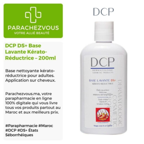 Produit de la marque DCP DS+ Base Lavante Kérato-Réductrice - 200ml sur un fond blanc, vert et gris avec un logo Parachezvous et celui de la marque DCP ainsi qu'une description qui détail les informations du produit