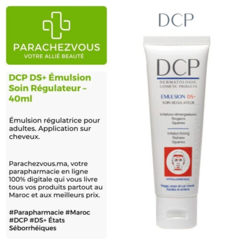 Produit de la marque DCP DS+ Émulsion Soin Régulateur - 40ml sur un fond blanc, vert et gris avec un logo Parachezvous et celui de la marque DCP ainsi qu'une description qui détail les informations du produit