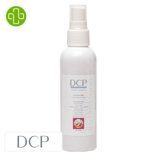 Produit de la marque dcp ds+ lotion états pélliculaires – 100ml sur un fond blanc avec un logo parachezvous et celui de de la marque dcp