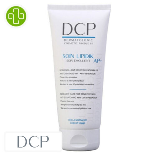 Produit de la marque DCP Lipidik Soin Émollient AP+ - 200ml sur un fond blanc avec un logo Parachezvous et celui de de la marque DCP
