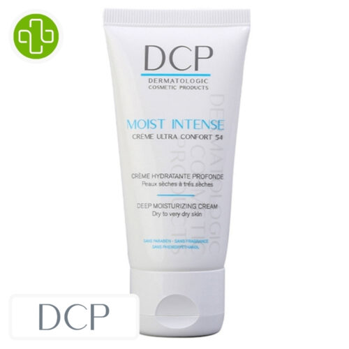 Produit de la marque dcp moist intense crème ultra confort 54 – 50ml sur un fond blanc avec un logo parachezvous et celui de de la marque dcp
