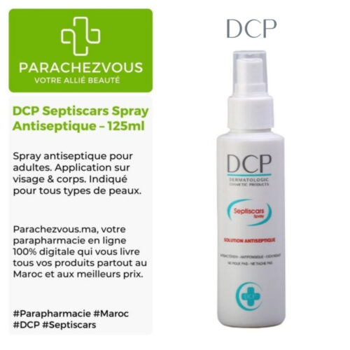 Produit de la marque DCP Septiscars Spray Antiseptique - 125ml sur un fond blanc, vert et gris avec un logo Parachezvous et celui de la marque DCP ainsi qu'une description qui détail les informations du produit