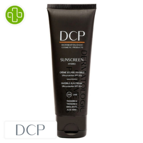 Produit de la marque DCP Sunscreen Hydro Crème Solaire Invisible Spf50 - 100ml sur un fond blanc avec un logo Parachezvous et celui de de la marque DCP