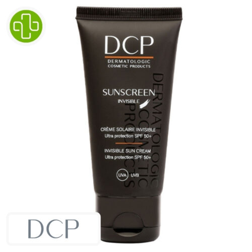 Produit de la marque dcp sunscreen invisible crème solaire spf50 – 50ml sur un fond blanc avec un logo parachezvous et celui de de la marque dcp