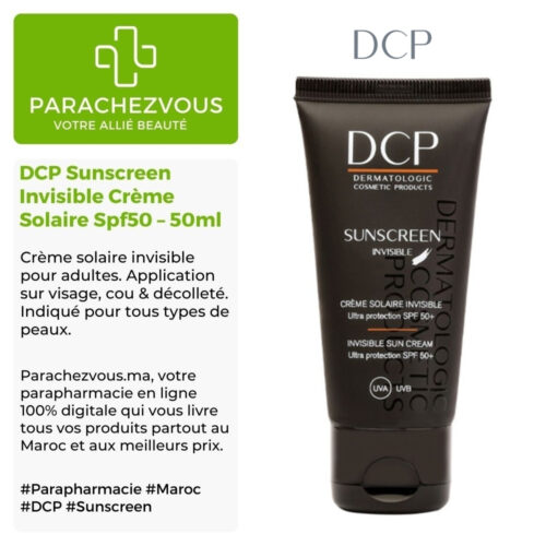 Produit de la marque dcp sunscreen invisible crème solaire spf50 – 50ml sur un fond blanc, vert et gris avec un logo parachezvous et celui de la marque dcp ainsi qu'une description qui détail les informations du produit