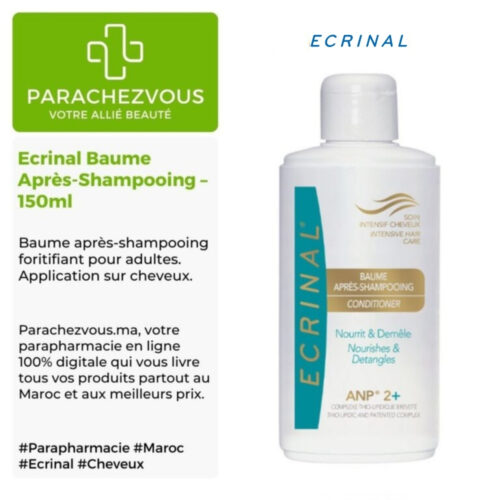 Produit de la marque Ecrinal Baume Après-Shampooing - 150ml sur un fond blanc, vert et gris avec un logo Parachezvous et celui de la marque Ecrinal ainsi qu'une description qui détail les informations du produit