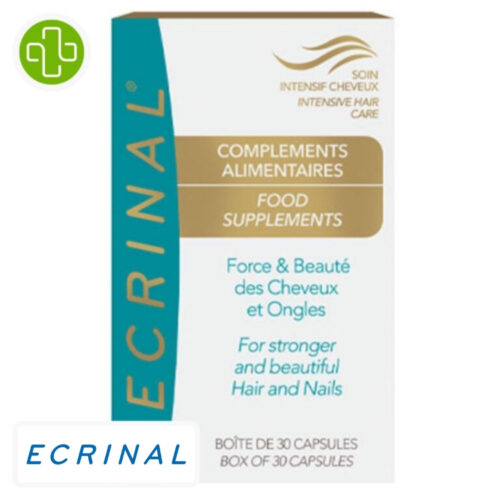 Produit de la marque Ecrinal Complément Alimentaire Cheveux - 30 Capsules sur un fond blanc avec un logo Parachezvous et celui de de la marque Ecrinal
