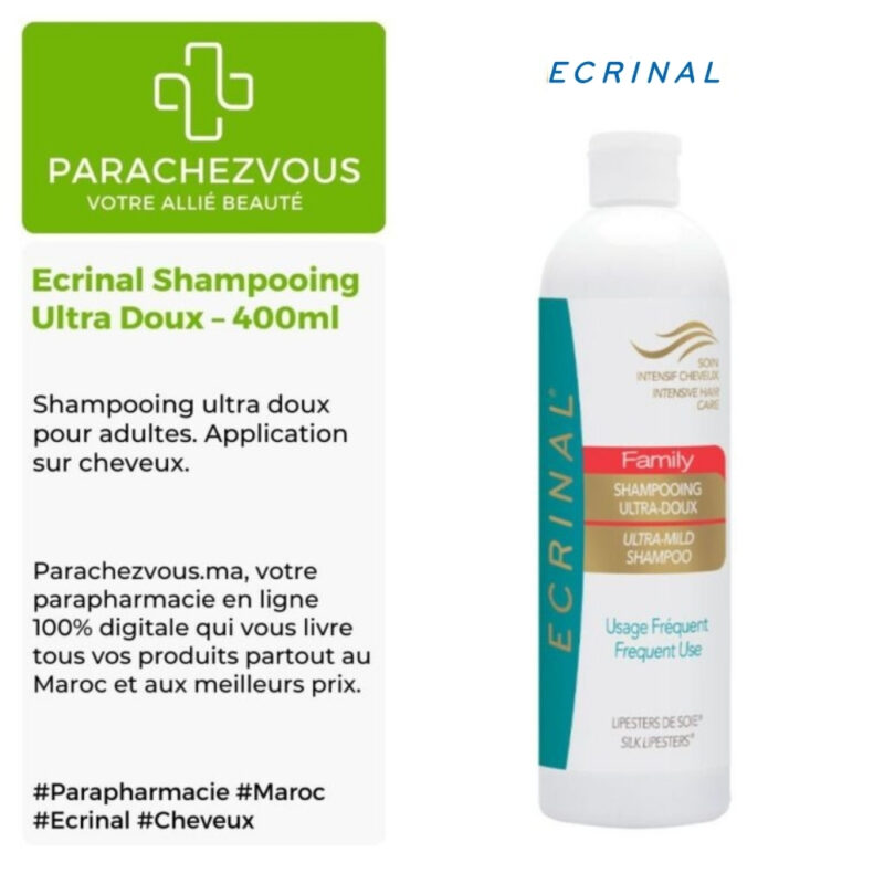 Produit de la marque ecrinal shampooing ultra doux - 400ml sur un fond blanc, vert et gris avec un logo parachezvous et celui de la marque ecrinal ainsi qu'une description qui détail les informations du produit