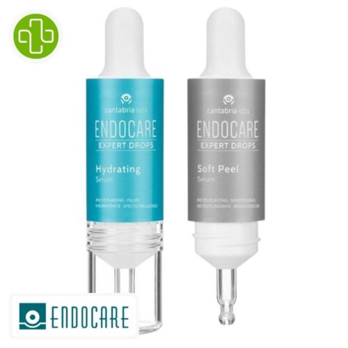 Produit de la marque Endocare Expert Drops Hydratation & Peeling Sérums - 20ml sur un fond blanc avec un logo Parachezvous et celui de de la marque Endocare