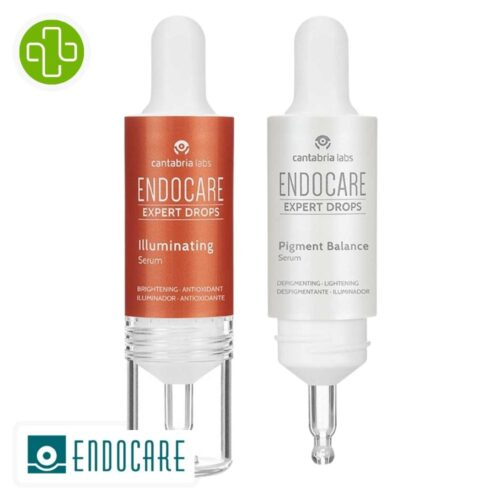 Produit de la marque Endocare Expert Drops Éclaircissant & Unifiant Sérums - 20ml sur un fond blanc avec un logo Parachezvous et celui de de la marque Endocare