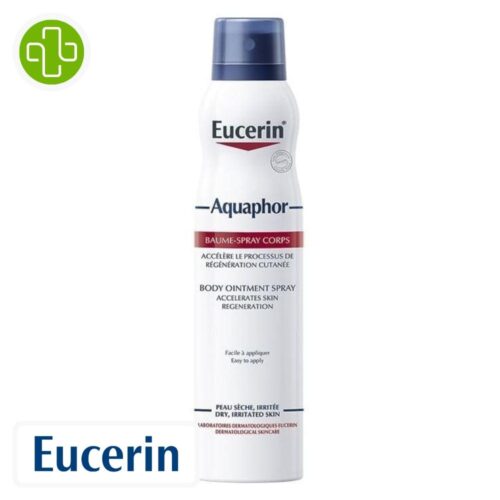 Produit de la marque Eucerin Aquaphor Baume-Spray Réparateur Corps - 250ml sur un fond blanc avec un logo Parachezvous et celui de de la marque Eucerin