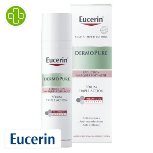 Produit de la marque Eucerin DermoPure Sérum Triple Action Anti-Marques - 40ml sur un fond blanc avec un logo Parachezvous et celui de de la marque Eucerin