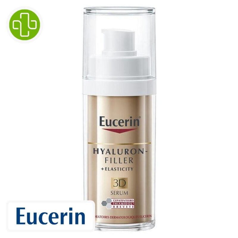 Produit de la marque eucerin hyaluron-filler + elasticity sérum 3d anti-âge - 30ml sur un fond blanc avec un logo parachezvous et celui de de la marque eucerin