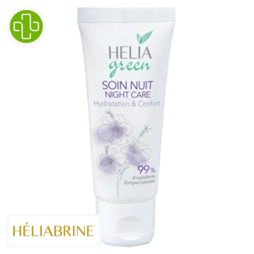 Produit de la marque Héliabrine Helia Green Soin de Nuit Hydratation & Confort - 50ml sur un fond blanc avec un logo Parachezvous et celui de de la marque Héliabrine