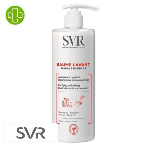 Produit de la marque SVR Baume Lavant Mains Sensibles Assainissant Hydratant – 400ml sur un fond blanc avec un logo Parachezvous et celui de de la marque SVR