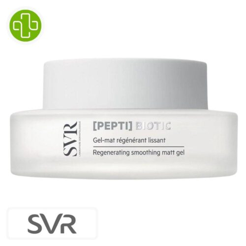 Produit de la marque SVR [Pepti] Biotic Gel-Mat Régénérant Lissant - 50ml sur un fond blanc avec un logo Parachezvous et celui de de la marque SVR
