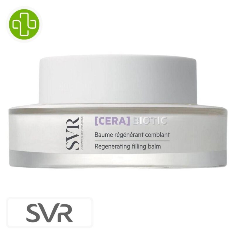 Produit de la marque svr [cera] biotic baume régénérant comblant - 50ml sur un fond blanc avec un logo parachezvous et celui de de la marque svr