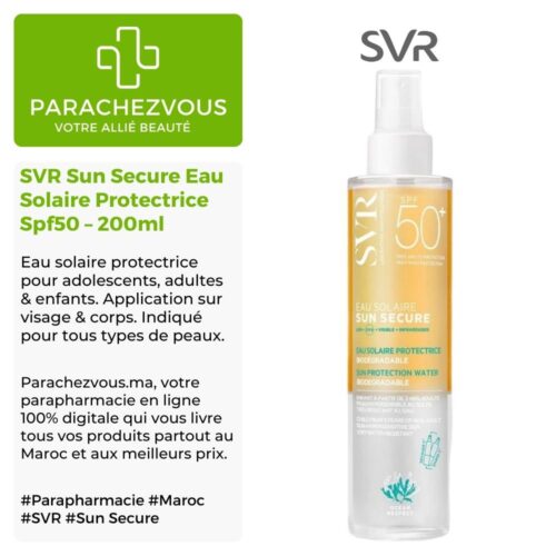 Produit de la marque SVR Sun Secure Eau Solaire Protectrice Spf50 - 200ml sur un fond blanc, vert et gris avec un logo Parachezvous et celui de la marque SVR ainsi qu'une description qui détail les informations du produit