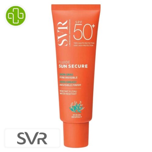 Produit de la marque SVR Sun Secure Fluide Solaire Invisible Non Gras Spf50 – 50ml sur un fond blanc avec un logo Parachezvous et celui de de la marque SVR