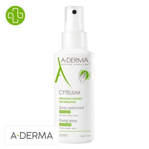 Produit de la marque A-Derma Cytelium Spray Asséchant Apaisant - 100ml sur un fond blanc avec un logo Parachezvous et celui de de la marque A-Derma