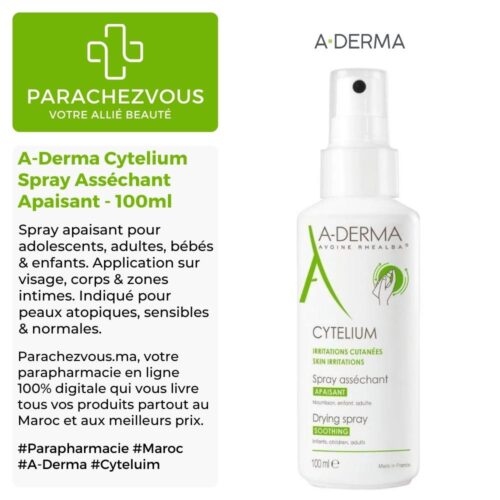 Produit de la marque A-Derma Cytelium Spray Asséchant Apaisant - 100ml sur un fond blanc, vert et gris avec un logo Parachezvous et celui de la marque A-Derma ainsi qu'une description qui détail les informations du produit