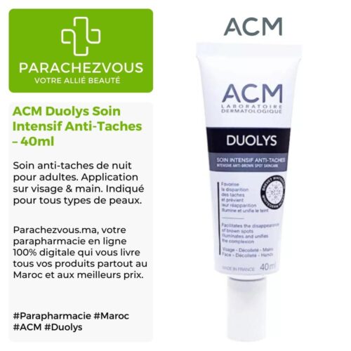 Produit de la marque ACM Duolys Soin Intensif Anti-Taches - 40ml sur un fond blanc, vert et gris avec un logo Parachezvous et celui de la marque ACM ainsi qu'une description qui détail les informations du produit