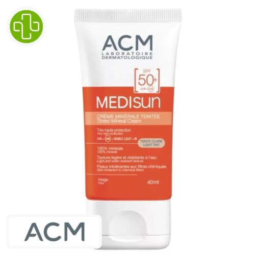 Produit de la marque ACM Medisun Crème Solaire Minérale Teintée Spf50 - 40ml sur un fond blanc avec un logo Parachezvous et celui de de la marque ACM