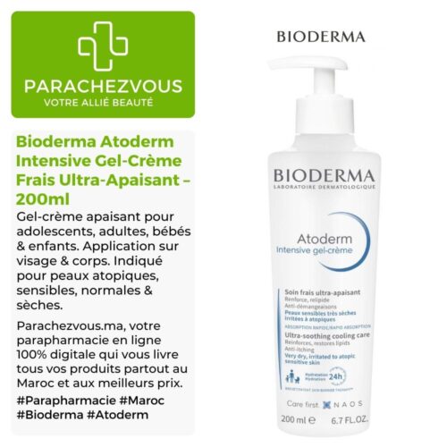 Produit de la marque Bioderma Atoderm Intensive Gel-Crème Frais Ultra-Apaisant - 200ml sur un fond blanc, vert et gris avec un logo Parachezvous et celui de la marque Bioderma ainsi qu'une description qui détail les informations du produit