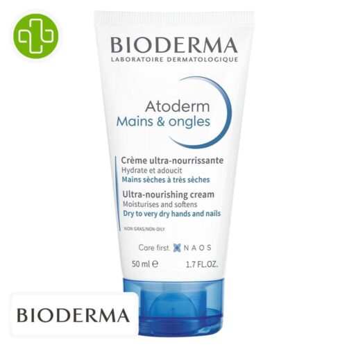Produit de la marque Bioderma Atoderm Mains & Ongles Crème Ultra-Nourrissante - 50ml sur un fond blanc avec un logo Parachezvous et celui de de la marque Bioderma