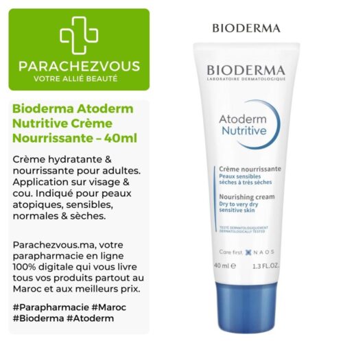 Produit de la marque Bioderma Atoderm Nutritive Crème Nourrissante - 40ml sur un fond blanc, vert et gris avec un logo Parachezvous et celui de la marque Bioderma ainsi qu'une description qui détail les informations du produit