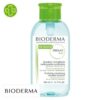 Produit de la marque Bioderma Sébium H2O Solution Micellaire Nettoyante Purifiante Pompe Inversée - 500ml sur un fond blanc avec un logo Parachezvous et celui de de la marque Bioderma