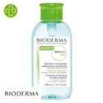 Produit de la marque Bioderma Sébium H2O Solution Micellaire Nettoyante Purifiante Pompe Inversée - 500ml sur un fond blanc avec un logo Parachezvous et celui de de la marque Bioderma