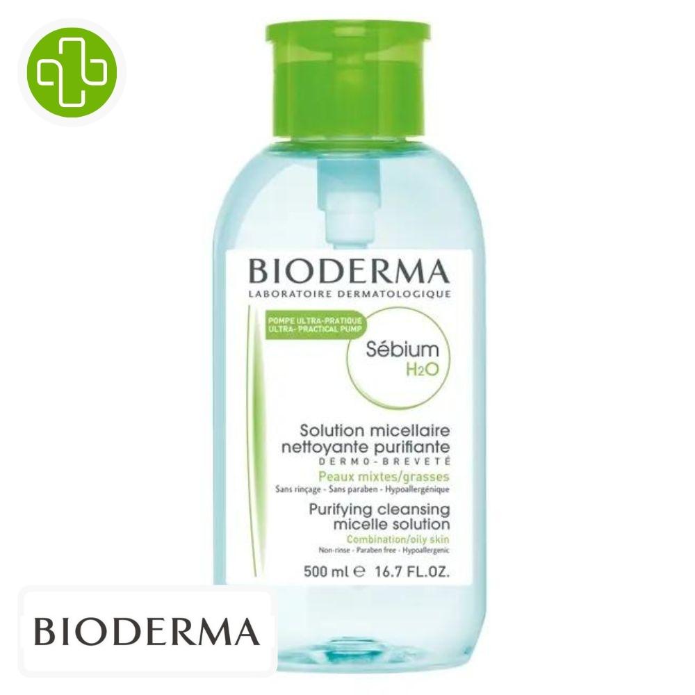 Produit de la marque Bioderma Sébium H2O Solution Micellaire Nettoyante Purifiante Pompe Inversée - 500ml sur un fond blanc avec un logo Parachezvous et celui de de la marque Bioderma