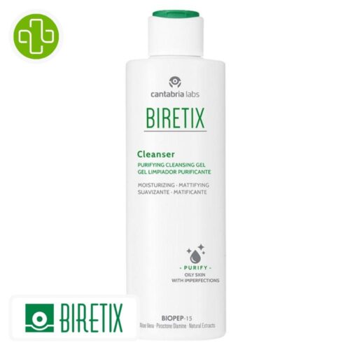 Produit de la marque Biretix Gel Nettoyant Purifiant - 200ml sur un fond blanc avec un logo Parachezvous et celui de de la marque Biretix