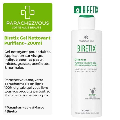 Produit de la marque Biretix Gel Nettoyant Purifiant - 200ml sur un fond blanc, vert et gris avec un logo Parachezvous et celui de la marque Biretix ainsi qu'une description qui détail les informations du produit