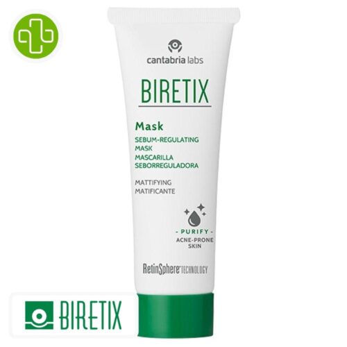 Produit de la marque Biretix Masque Séborégulateur - 25ml sur un fond blanc avec un logo Parachezvous et celui de de la marque Biretix