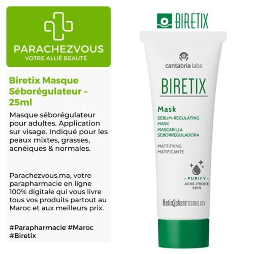 Produit de la marque Biretix Masque Séborégulateur - 25ml sur un fond blanc, vert et gris avec un logo Parachezvous et celui de la marque Biretix ainsi qu'une description qui détail les informations du produit