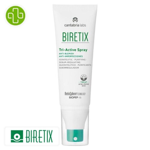 Produit de la marque Biretix Tri-Active Spray Anti-Imperfections - 100ml sur un fond blanc avec un logo Parachezvous et celui de de la marque Biretix