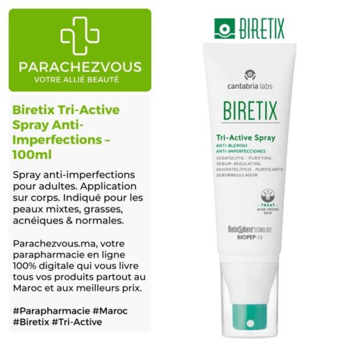 Produit de la marque Biretix Tri-Active Spray Anti-Imperfections - 100ml sur un fond blanc, vert et gris avec un logo Parachezvous et celui de la marque Biretix ainsi qu'une description qui détail les informations du produit