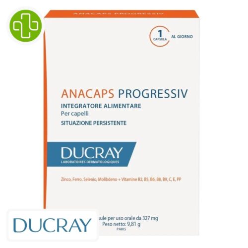 Produit de la marque Ducray Anacaps Progressiv Complément Cheveux - 30 Gélules sur un fond blanc avec un logo Parachezvous et celui de la marque DUCRAY