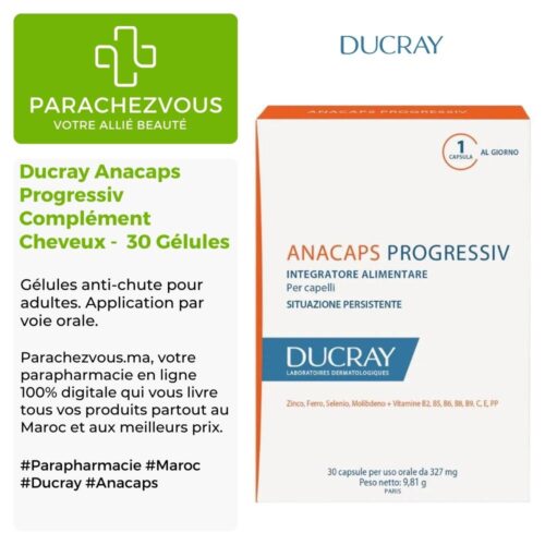 Produit de la marque Ducray Anacaps Progressiv Complément Cheveux - 30 Gélules sur un fond blanc, vert et gris avec un logo Parachezvous et celui de la marque DUCRAY ainsi qu'une description qui détail les informations du produit
